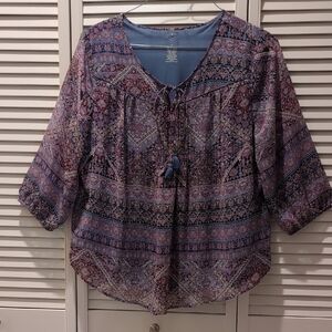St John's Bay Peasant Blouse 3/4 Sleeve Purple Blue Paisley Boho Sz1X EUC